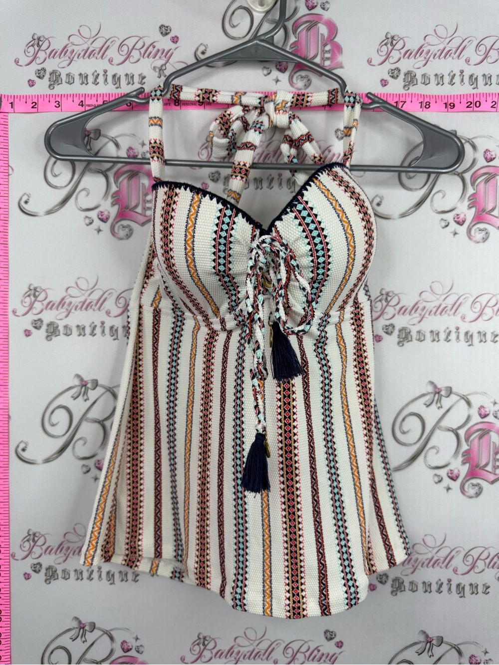 Jessica Simpson Tankini top Striped Tassel Front Camisole Multicolor Accents